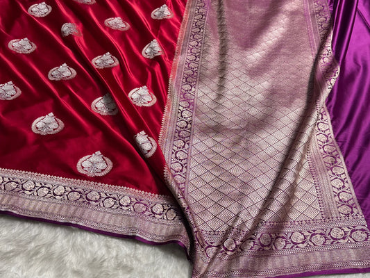 Royal Red and Purple Pure Banarasi Mashru Silk Saree with Elegant Zari Weaving