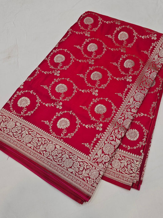 Banarasi Royal Red Mashru Silk Saree with Heavy Zari Jaal Weaving Description: