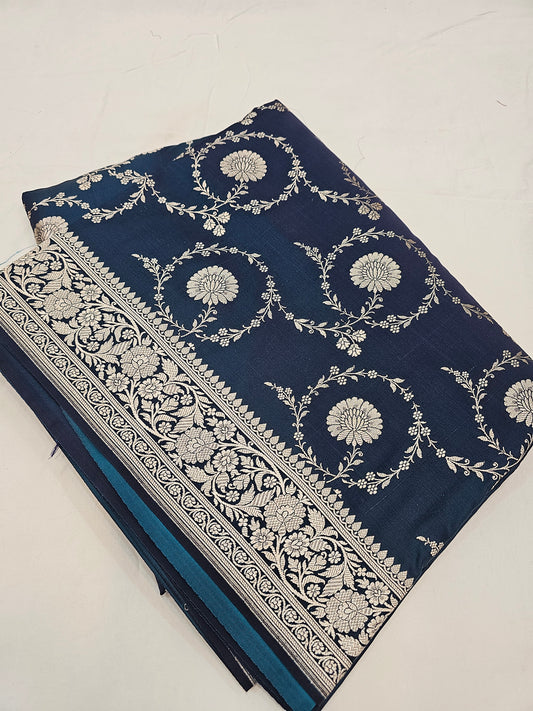 Banarasi Royal Navy Blue Mashru Silk Saree with Heavy Silver Zari Jaal Work