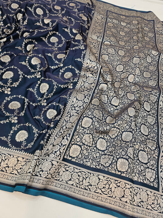 Banarasi Royal Navy Blue Mashru Silk Saree with Heavy Silver Zari Jaal Work