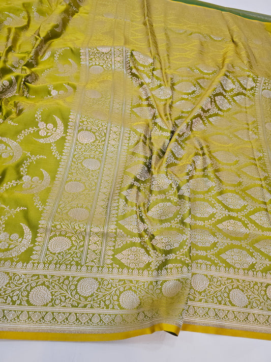 Pure Banarasi Luxury Lime Green Mashru Silk Saree with Silver Zari Weaving