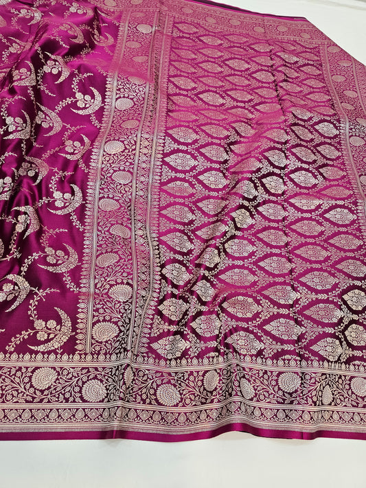 Banarasi Elegant Magenta Mashru Silk Saree with Silver Zari Floral Weaving