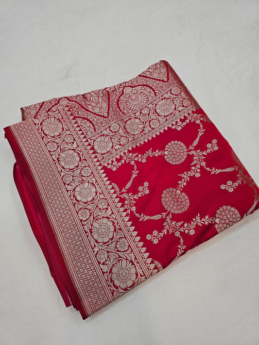 Banarasi Royal Rani Pink Mashru Silk Saree with Silver Zari Floral Weaving