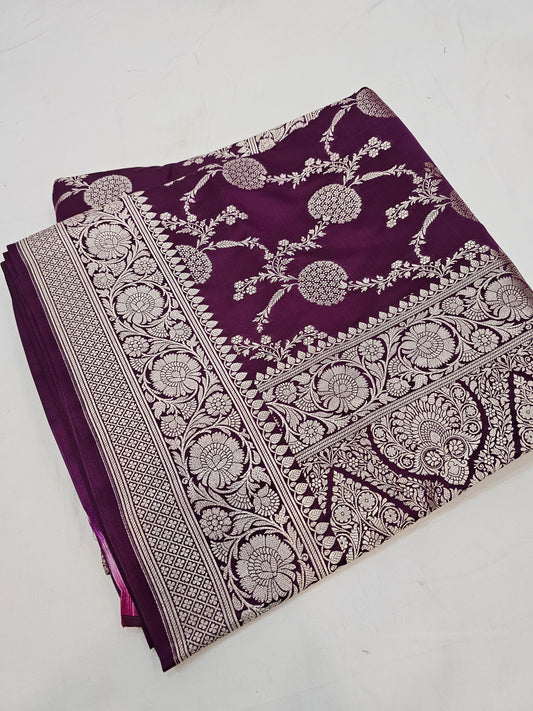 Banarasi Royal Purple Mashru Silk Saree with Silver Zari Floral Weaving