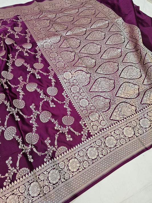 Banarasi Royal Purple Mashru Silk Saree with Silver Zari Floral Weaving