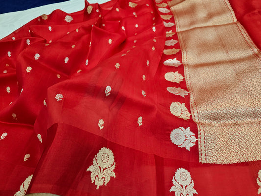 Banarasi Pure Handloom Organza Silk Saree in Crimson Red with Silver Zari Buttas & Rich Woven Pallu