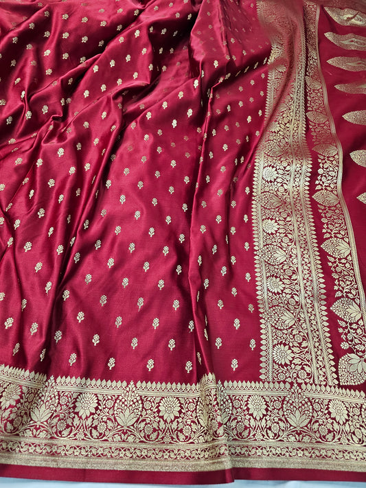 Deep Maroon Pure Banarasi Mashru Silk Saree with Silver Paisley Motifs