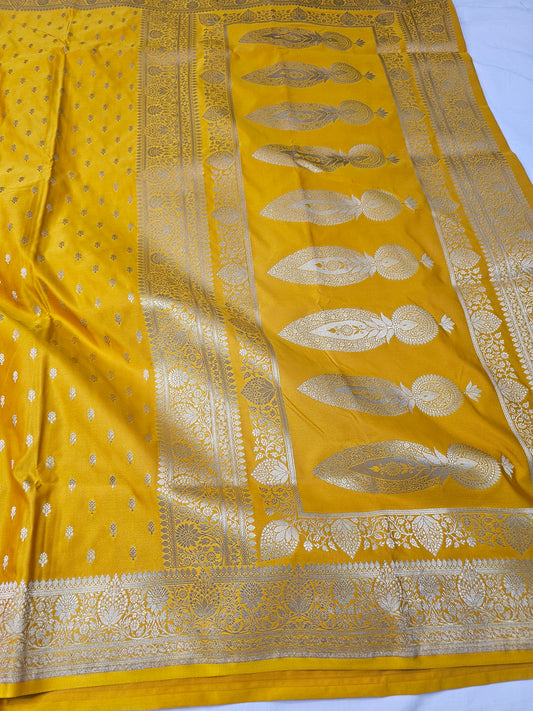 Banarasi Musterd Yellow Mashru Silk Saree with Silver Zari Floral Weaving