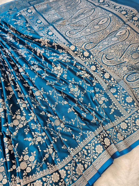 Sapphire Blue Pure Banarasi Mashru Silk Saree with Antique Silver Zari