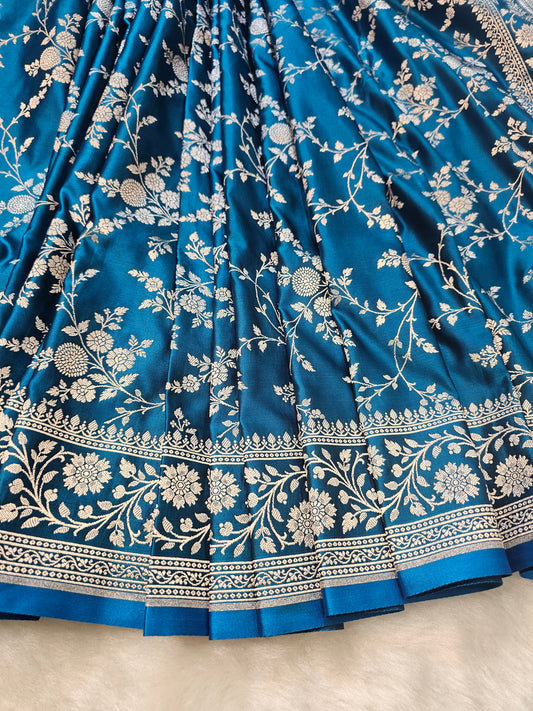 Sapphire Blue Pure Banarasi Mashru Silk Saree with Antique Silver Zari