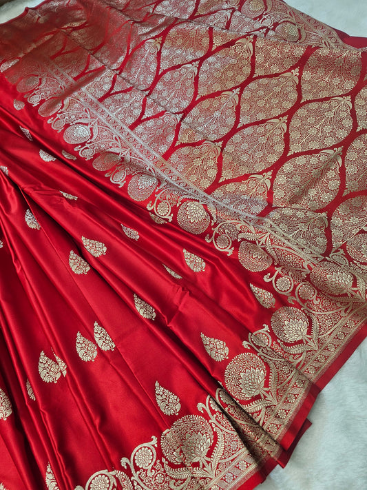 Red Pure Banarasi Mashru Silk Saree with Paisley Zari Weaving