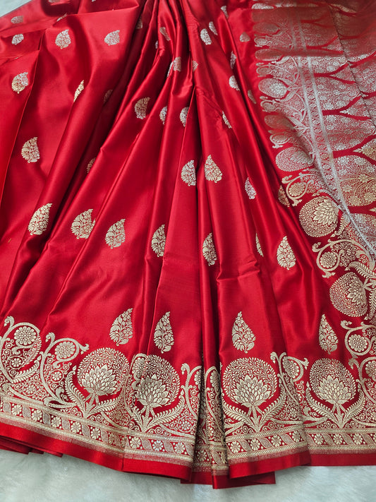 Red Pure Banarasi Mashru Silk Saree with Paisley Zari Weaving