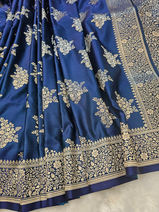 Royal Deep Blue Pure Banarasi Mashru Silk Saree with Silver Zari Circular Buti