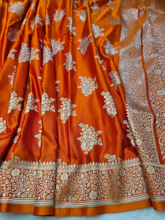 Banarasi Dual-Tone Orange & Red Mashru Silk Saree with Silver Zari Booti and Floral Border