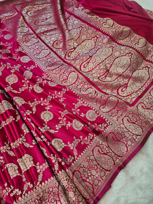 Banarasi Royal Rani Pink Pure Banarasi Mashru Silk Saree with Elegant Silver Zari Work