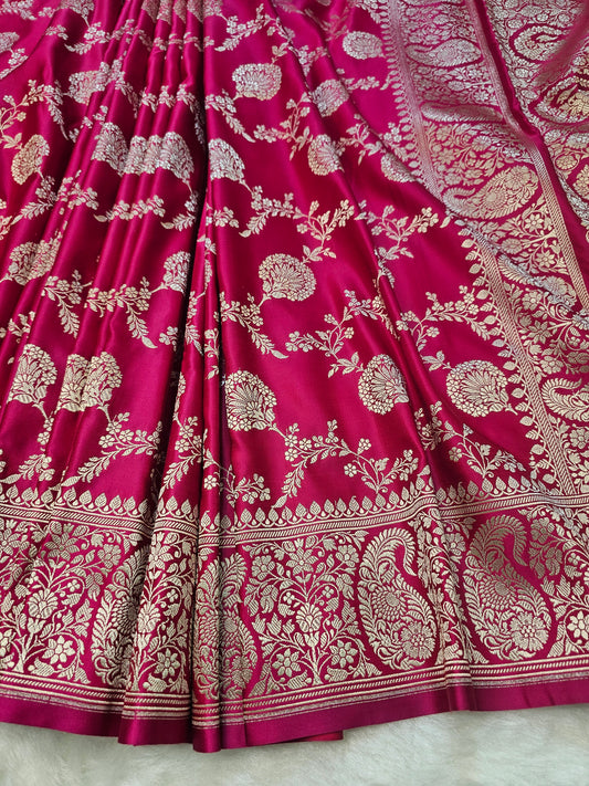 Banarasi Royal Rani Pink Pure Banarasi Mashru Silk Saree with Elegant Silver Zari Work