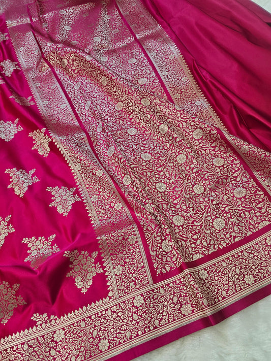 Banarasi Rani Pink Pure Banarasi Mashru Silk Saree with Silver Zari Floral Weaving