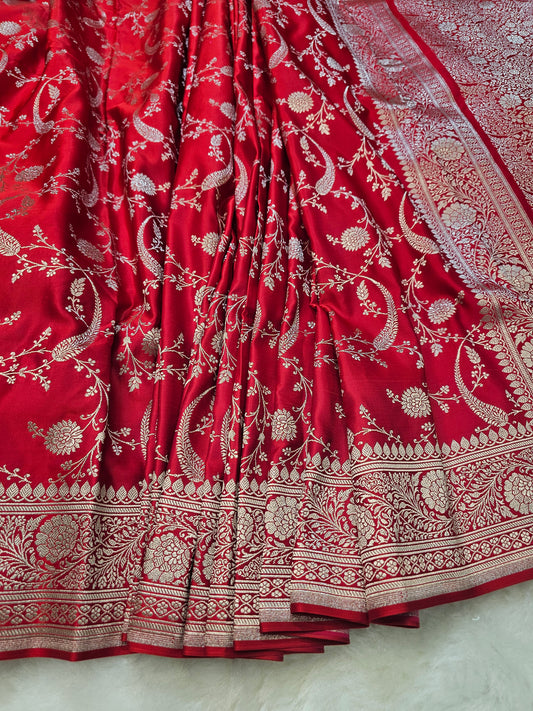 Banarasi Royal Crimson Red Mashru Silk Saree with Antique Gold Zari Floral Jaal & Grand Woven Pallu Product Description