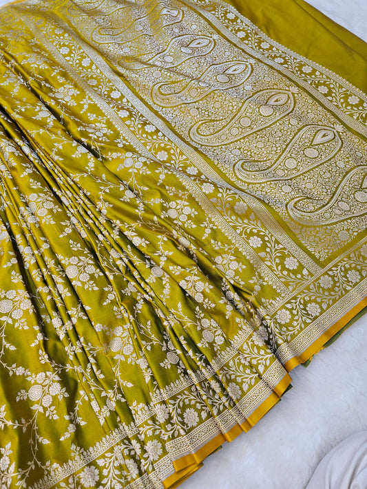 Banarasi Mustard Green Mashru Silk Saree with Silver Zari Floral Jaal & Grand Paisley Pallu