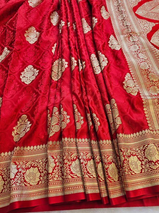 Banarasi Royal Red Mashru Silk Saree with Gold Zari Floral Buttas & Grand Paisley Pallu