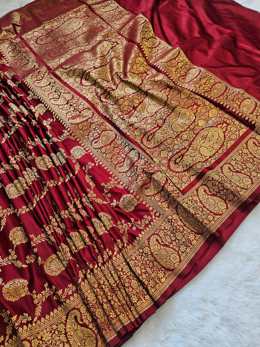 Banarasi Wine Maroon Mashru Silk Saree with Antique Gold Floral Jaal & Peacock Zari Border
