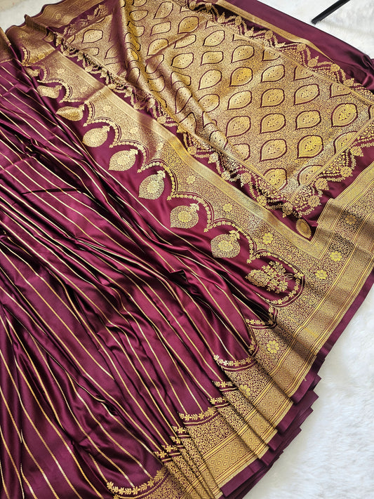 Banarasi Wine Purple Premium Mashru Silk Saree with Antique Gold Zari Stripes & Grand Banarasi Paisley Pallu