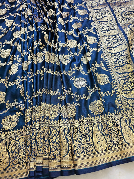 Banarasi Royal Navy Blue Mashru Silk Saree with Antique Gold Floral Zari Weaving & Grand Paisley Pallu