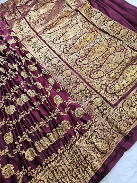 Banarasi Royal Purple Mashru Silk Saree with Antique Gold Floral Zari Weaving & Paisley Border