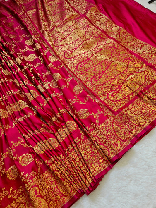 Banarasu Rani Pink Mashru Silk Saree with Rich Gold Floral Zari Weaving & Traditional Border