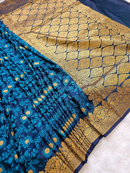 Baanarasi Royal Navy Blue Mashru Silk Saree with Turquoise Floral Weaving & Antique Gold Zari Border