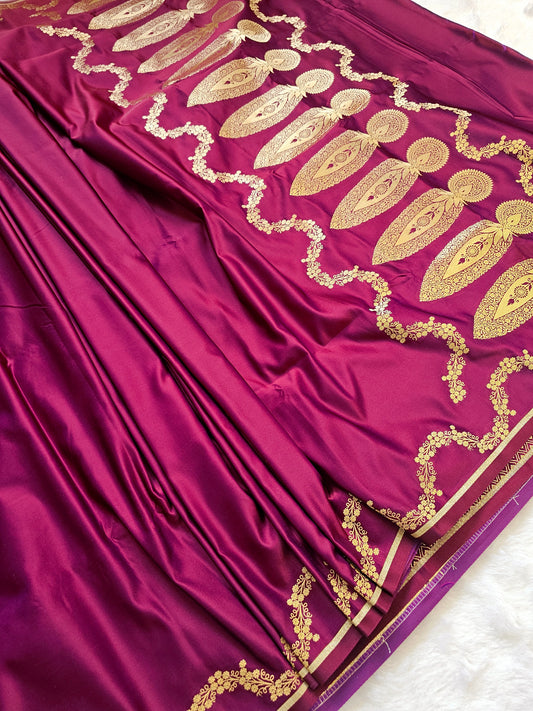 Banarasi Wine Purple Premium Mashru Silk Saree with Antique Gold Zari Paisley Pallu & Elegant Floral Weaving