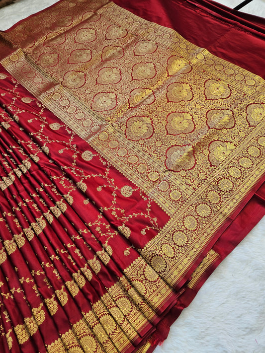 banarasi Rani Pink Mashru Silk Saree with Antique Gold Zari Floral Buttas & Grand Banarasi Floral Border