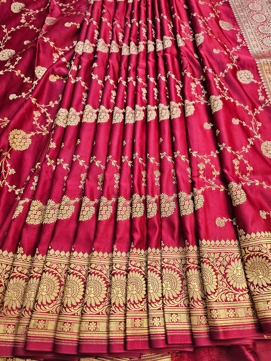 banarasi Rani Pink Mashru Silk Saree with Antique Gold Zari Floral Buttas & Grand Banarasi Floral Border