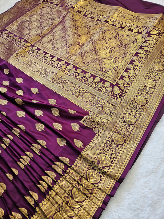 Banarasi Royal Purple Mashru Silk Saree with Antique Gold Zari Buttas & Floral Border