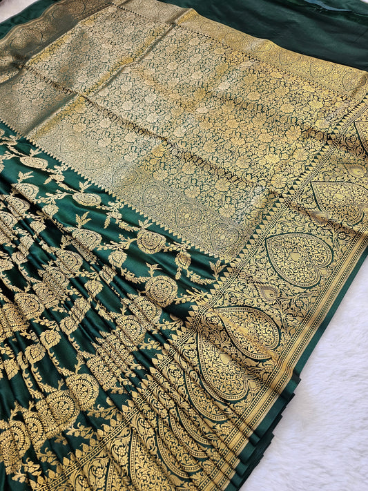 Banarasi Emerald Green Mashru Silk Saree with Antique Gold Zari Floral Weaving & Grand Paisley Border