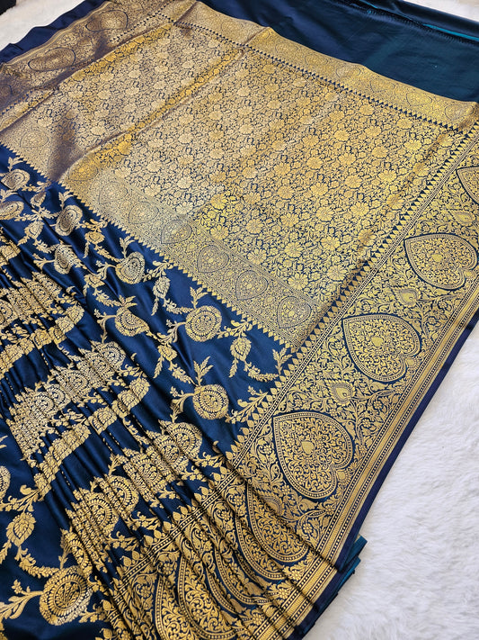 Banarasi Royal Navy Blue Mashru Silk Saree with Gold Zari Floral Jaal & Paisley Borde