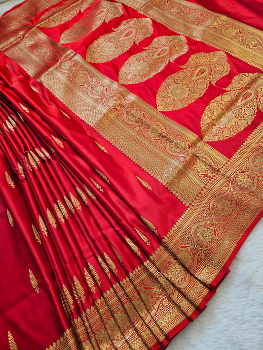 Banarasi Royal Red Mashru Silk Saree with Antique Gold Zari Paisley Pallu & Floral Border