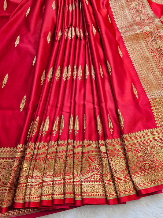 Banarasi Royal Red Mashru Silk Saree with Antique Gold Zari Paisley Pallu & Floral Border