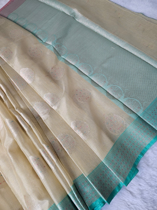 Banarasi Premium Tissue Silk Saree with Aqua Blue Contrast Border & Elegant Meena Buti Weaving