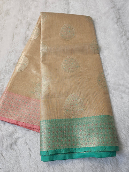 Banarasi Premium Gold Tissue Silk Saree with Multicolor Meena Buttas & Dual-Tone Zari Border