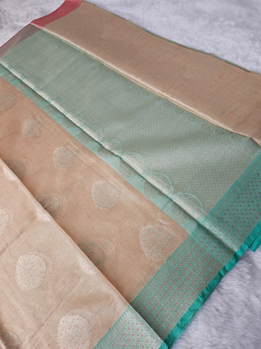 Banarasi Premium Gold Tissue Silk Saree with Multicolor Meena Buttas & Dual-Tone Zari Border