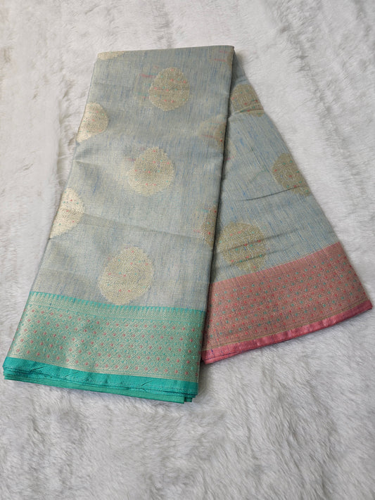 Banarasi Premium Ice Blue Tissue Silk Saree with Antique Gold Meena Buttas & Dual-Tone Banarasi Zari Border