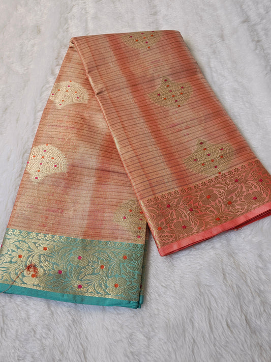 Banarasi Premium Tissue Silk Saree with Dual Tone Weaving & Contrast Aqua Blue Zari Border