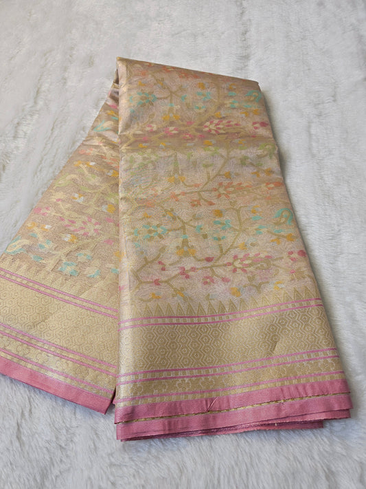 Banarasi Premium Tissue Silk Saree with Multicolor Floral Weaving & Pink Zari Border
