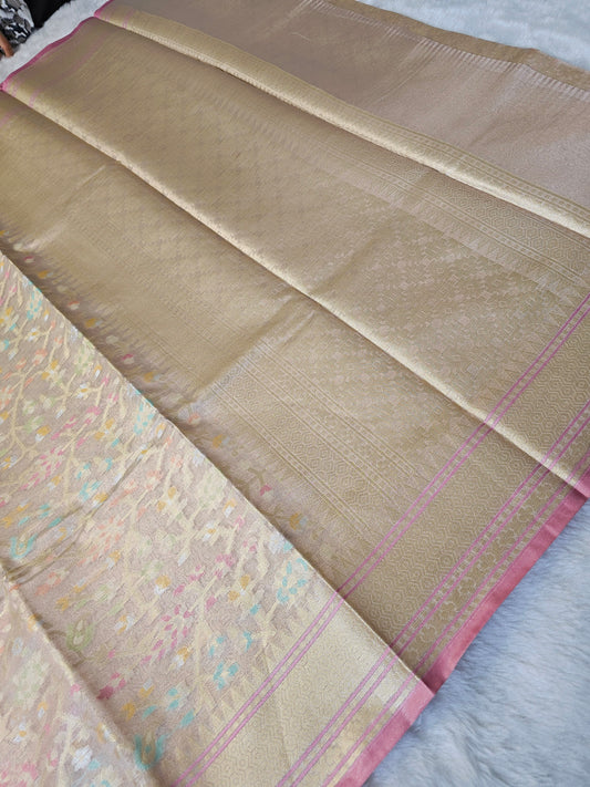 Banarasi Premium Tissue Silk Saree with Multicolor Floral Weaving & Pink Zari Border