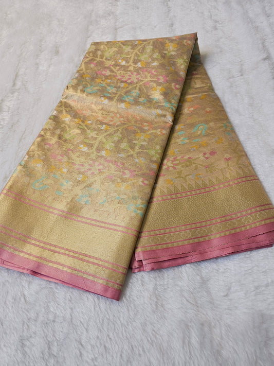 Banarasi Premium Tissue Silk Saree with Multicolor Floral Weaving & Elegant Pink Border