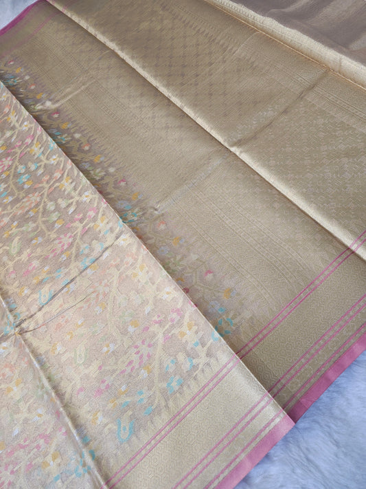 Banarasi Premium Tissue Silk Saree with Multicolor Floral Weaving & Elegant Pink Border