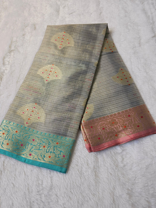 Banarasi Premium Tissue Silk Saree with Zari Buti & Dual Tone Woven Border