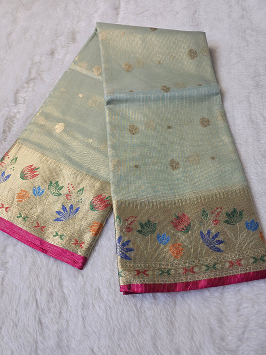 Banarasi Premium Tissue Silk Saree with Gold Zari Buti & Multicolor Floral Border