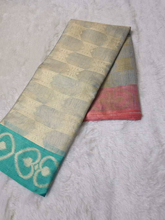 Banarasi Premium Tissue Silk Saree with Dual-Tone Zari Weave & Contrast Woven Border